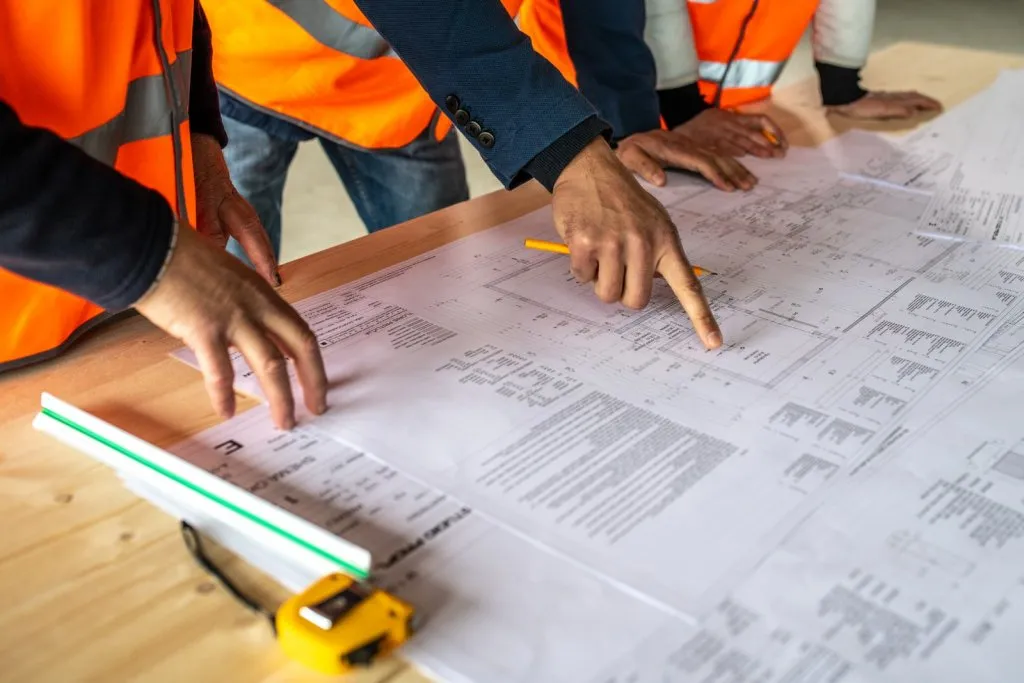 Set of hands surveying a construction drawing